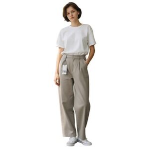 ZARA NWT Wide Leg Trousers Beige Linen Blend High Rise Button Fly Size 40
